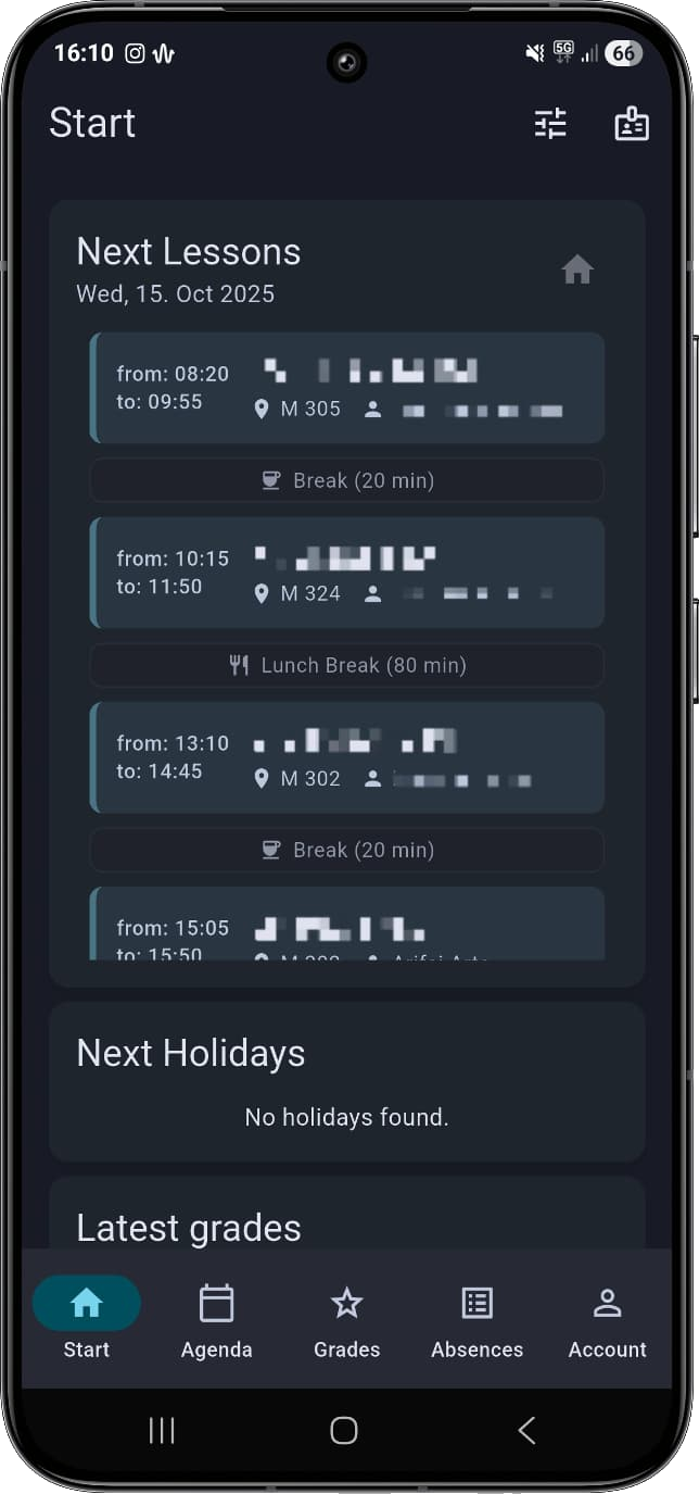 Schuly start page — grades and agenda at a glance